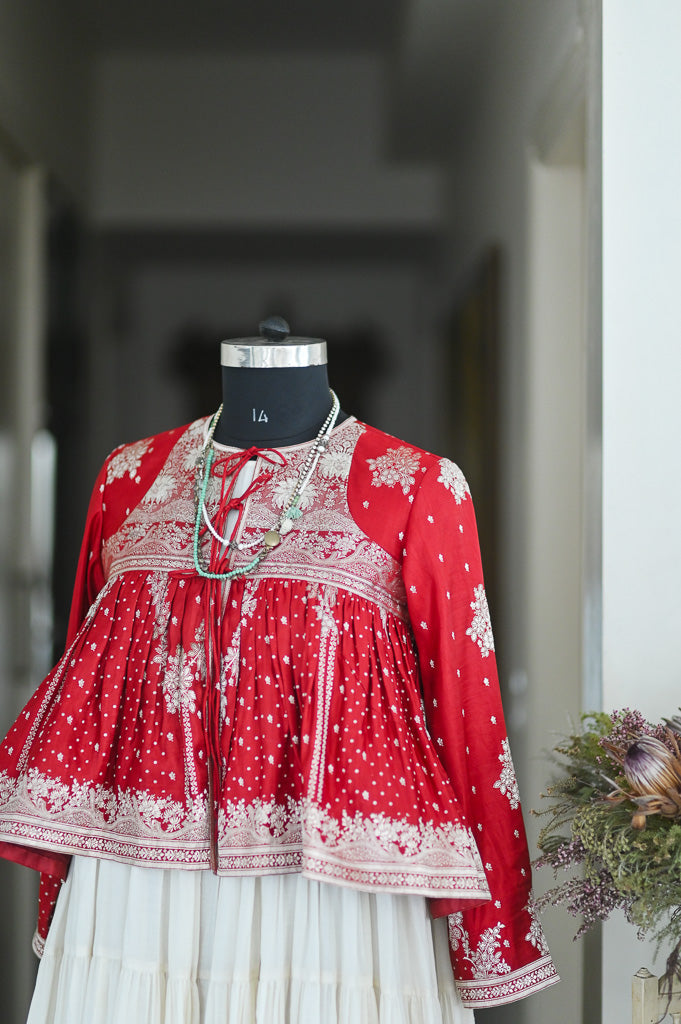 Ira, Medium, Vintage Katan Silk Saree Kedia, Up Cycled, Deep Red