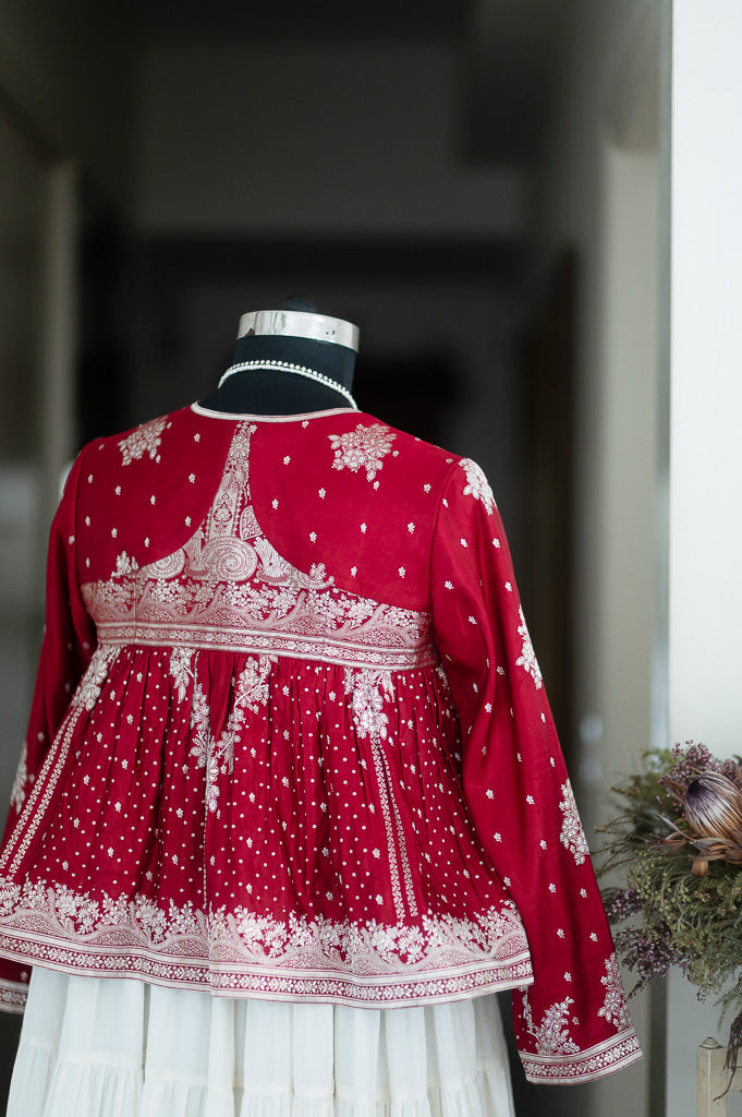 Ira, Medium, Vintage Katan Silk Saree Kedia, Up Cycled, Deep Red