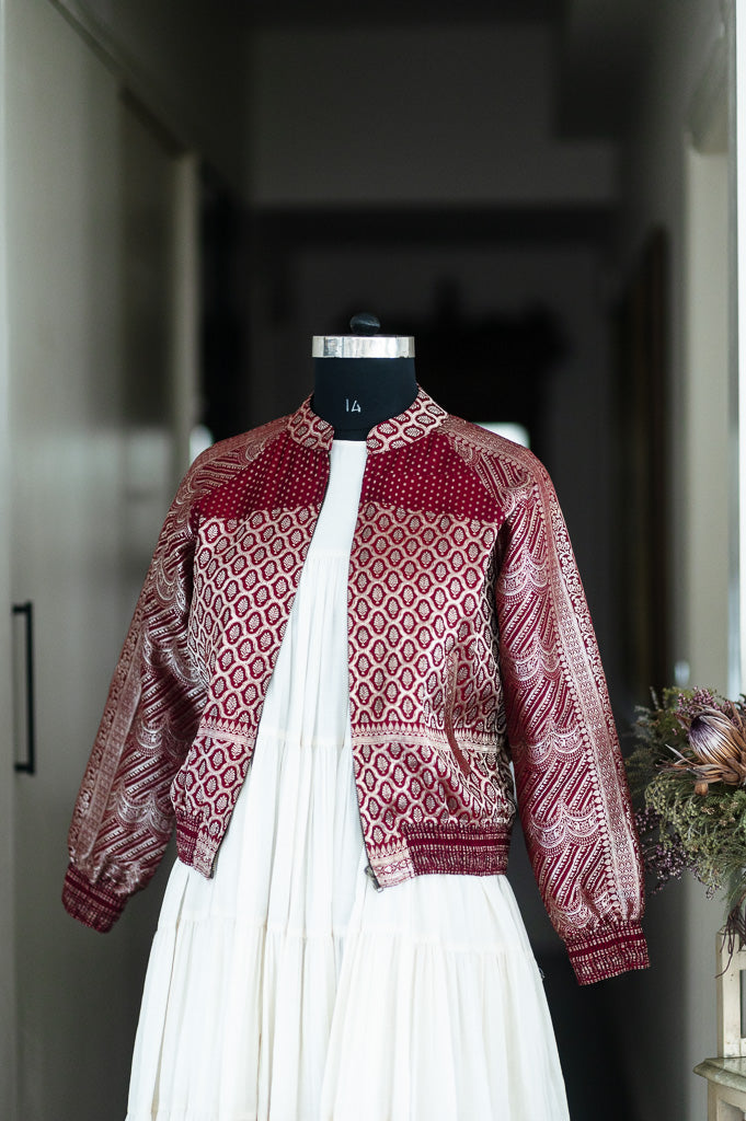 Rania, Vintage Zari Katan Silk Saree Bomber in deep Red, Large