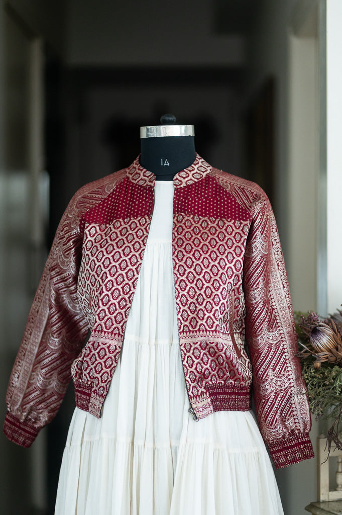 Rania, Vintage Zari Katan Silk Saree Bomber in deep Red, Large