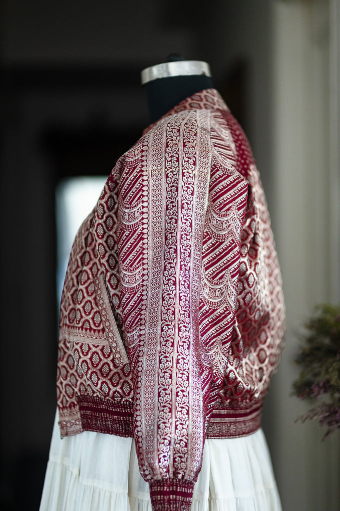 Rania, Vintage Zari Katan Silk Saree Bomber in deep Red, Large
