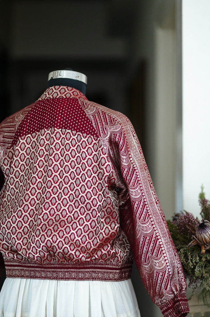 Rania, Vintage Zari Katan Silk Saree Bomber in deep Red, Large