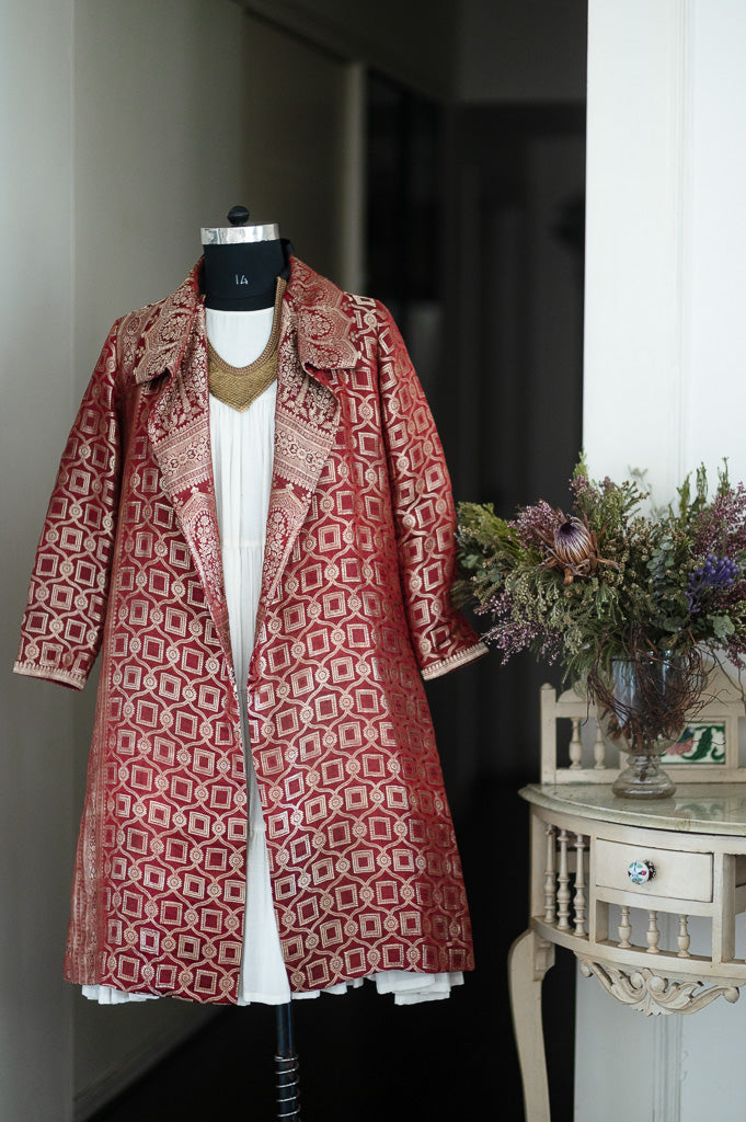 Jama 48, Long Robe Style Coat made with Vintage Zari Silk  Saree in Deep Red
