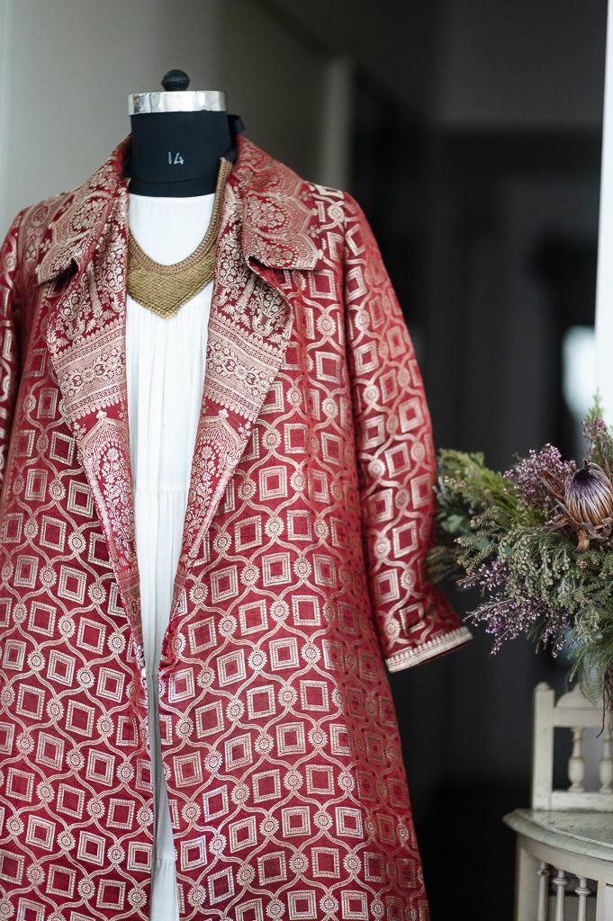 Jama 48, Long Robe Style Coat made with Vintage Zari Silk  Saree in Deep Red