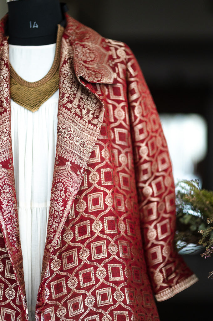 Jama 48, Long Robe Style Coat made with Vintage Zari Silk  Saree in Deep Red