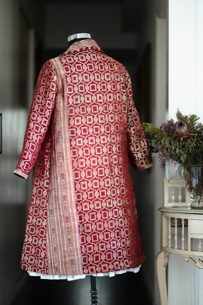 Jama 48, Long Robe Style Coat made with Vintage Zari Silk  Saree in Deep Red