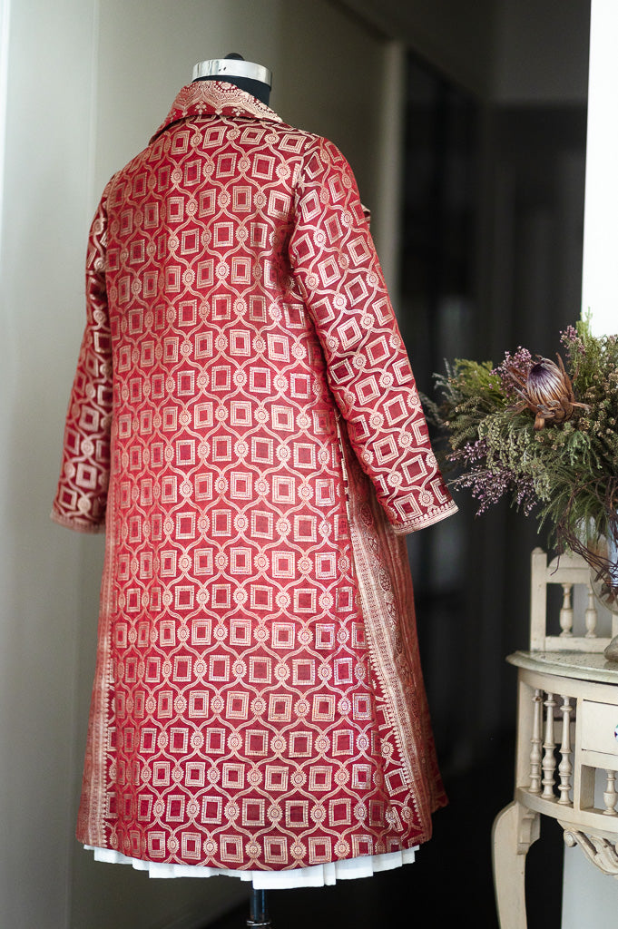 Jama 48, Long Robe Style Coat made with Vintage Zari Silk  Saree in Deep Red