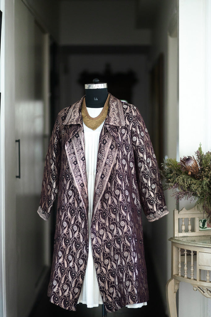 Jama 49, Long Robe Style Coat made with Vintage Zari Silk  Saree in Deep Burgundy, XXL - kinchecom
