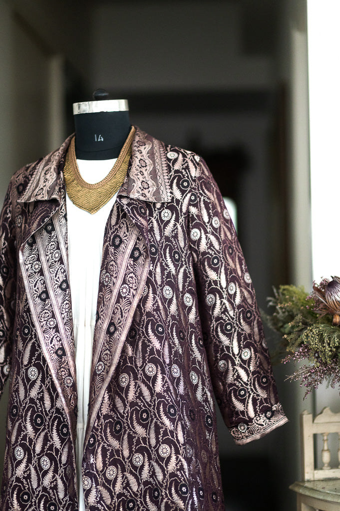 Jama 49, Long Robe Style Coat made with Vintage Zari Silk  Saree in Deep Burgundy, XXL - kinchecom