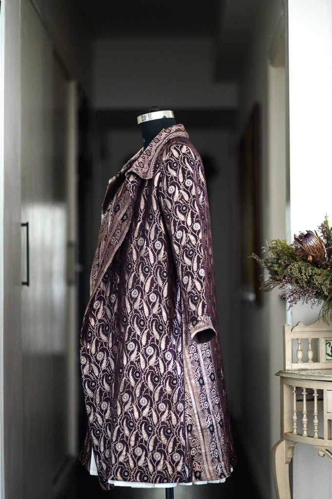 Jama 49, Long Robe Style Coat made with Vintage Zari Silk  Saree in Deep Burgundy, XXL - kinchecom
