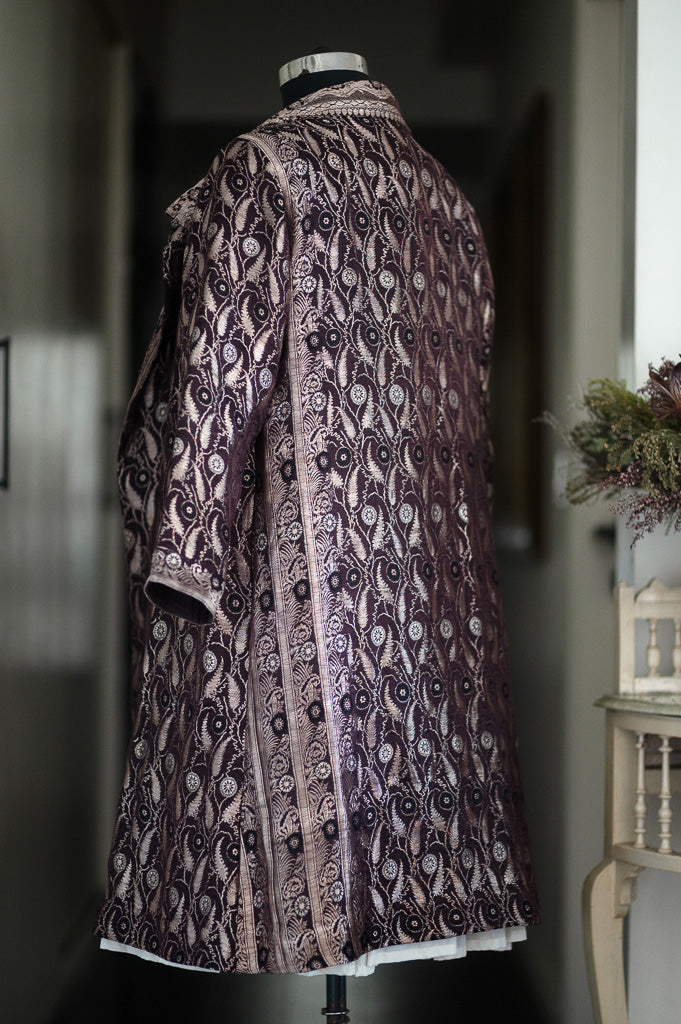 Jama 49, Long Robe Style Coat made with Vintage Zari Silk  Saree in Deep Burgundy, XXL - kinchecom