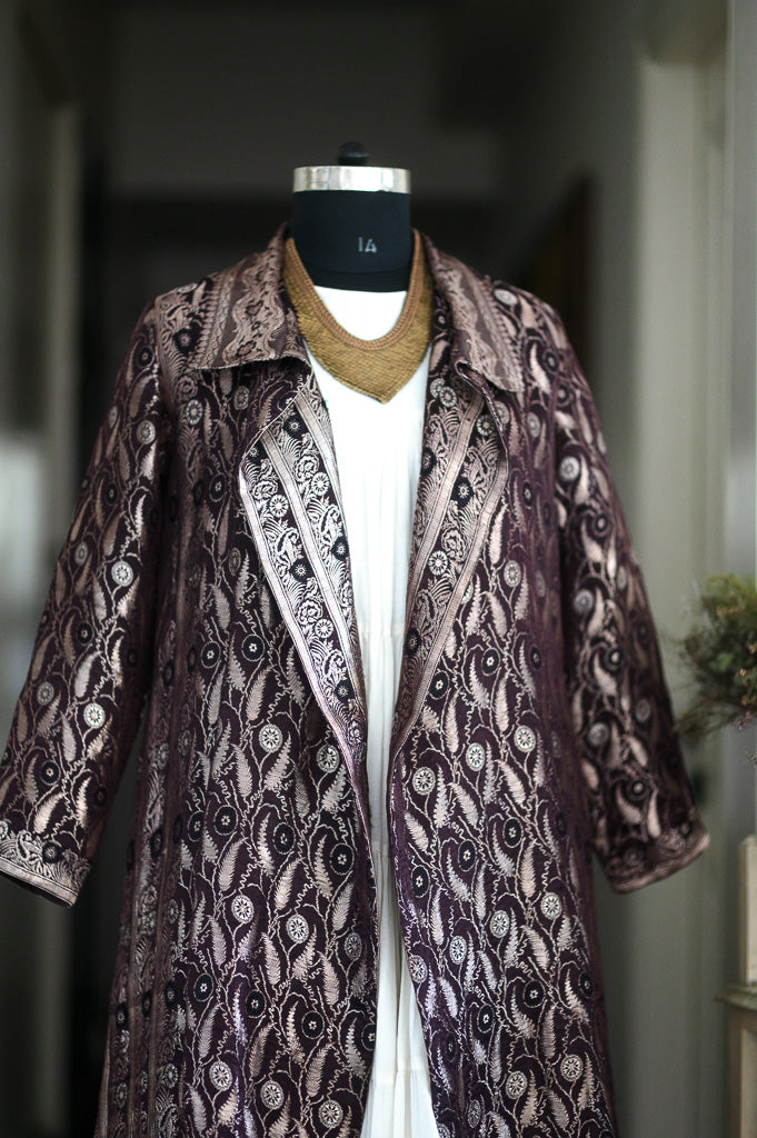 Jama 49, Long Robe Style Coat made with Vintage Zari Silk  Saree in Deep Burgundy, XXL - kinchecom