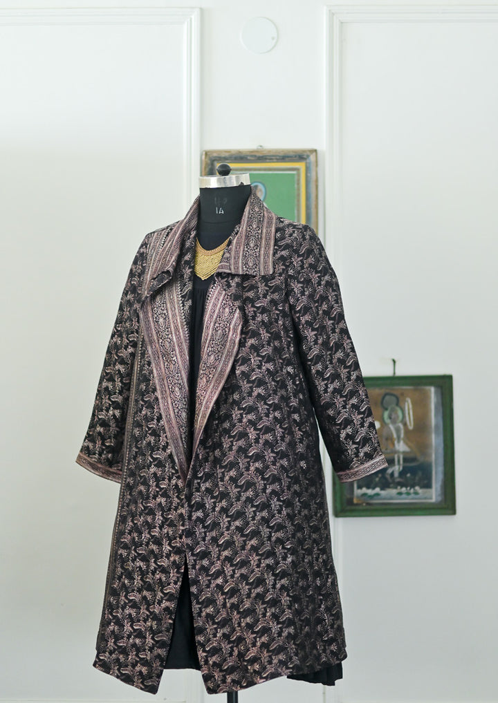 Jama 52, Long Robe Style Coat made with Vintage Zari Silk  Saree in Black and bronze, XL - kinchecom