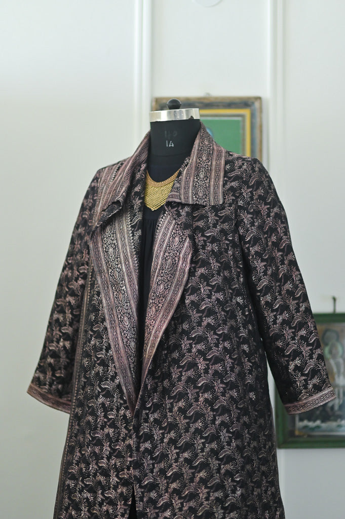 Jama 52, Long Robe Style Coat made with Vintage Zari Silk  Saree in Black and bronze, XL - kinchecom