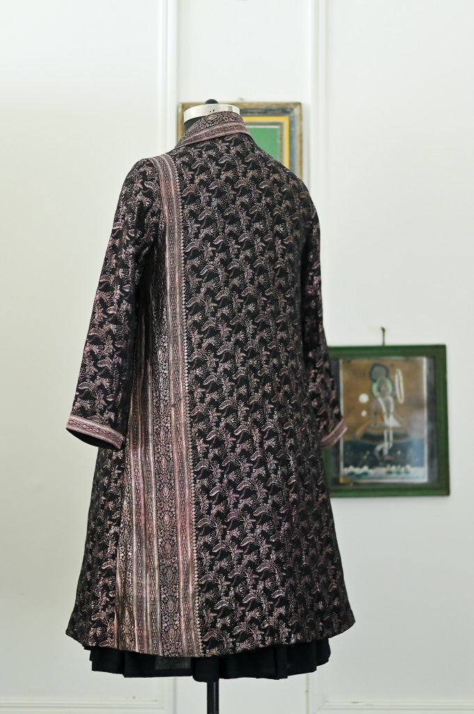 Jama 52, Long Robe Style Coat made with Vintage Zari Silk  Saree in Black and bronze, XL - kinchecom