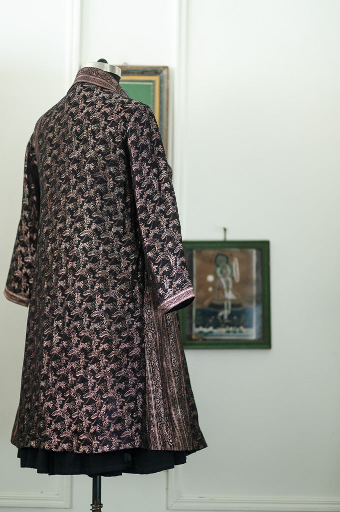 Jama 52, Long Robe Style Coat made with Vintage Zari Silk  Saree in Black and bronze, XL - kinchecom