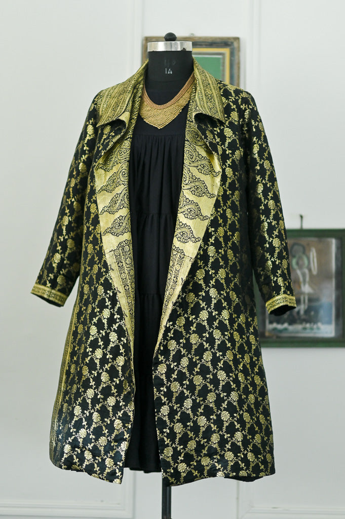 Jama 53, Long Robe Style Coat made with Vintage Zari Silk  Saree in Black and Gold, Large - kinchecom