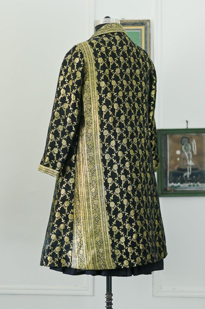 Jama 53, Long Robe Style Coat made with Vintage Zari Silk  Saree in Black and Gold, Large - kinchecom