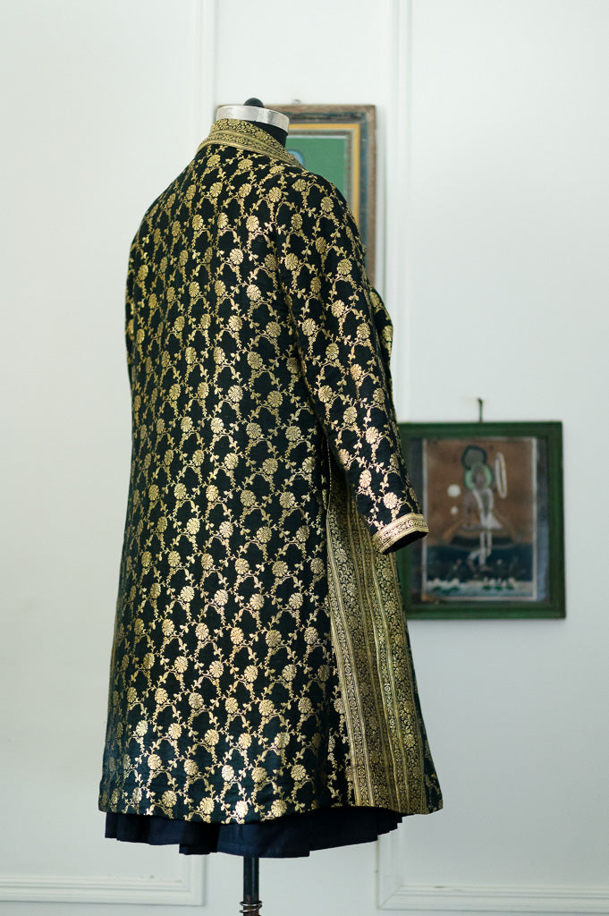 Jama 53, Long Robe Style Coat made with Vintage Zari Silk  Saree in Black and Gold, Large - kinchecom