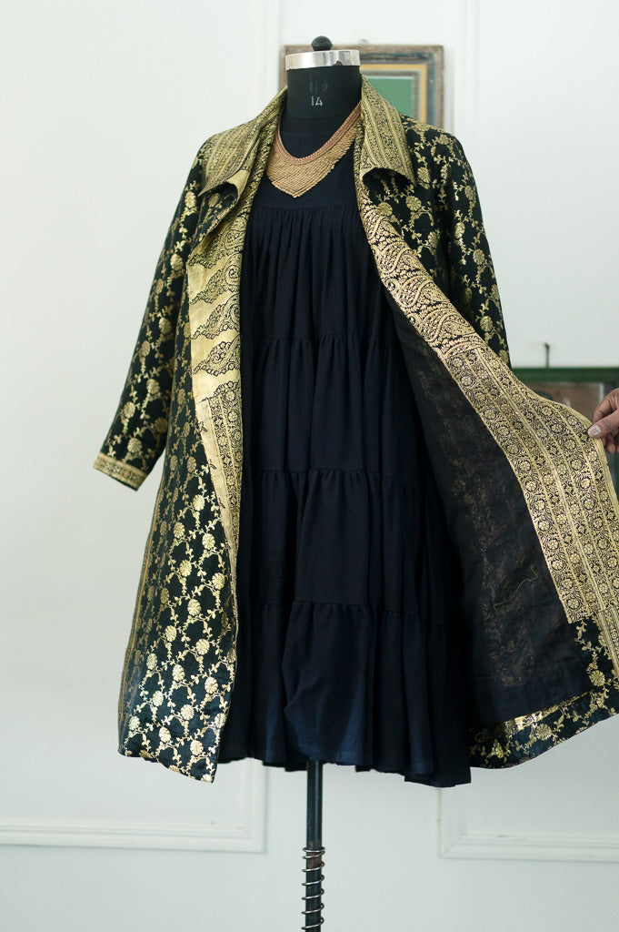 Jama 53, Long Robe Style Coat made with Vintage Zari Silk  Saree in Black and Gold, Large - kinchecom