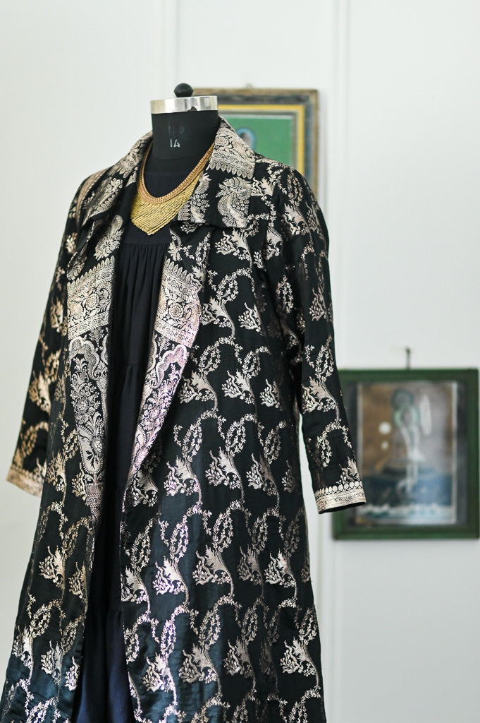 Jama 54, Long Robe Style Coat made with Vintage Zari Silk  Saree in Black and Silver, XL - kinchecom