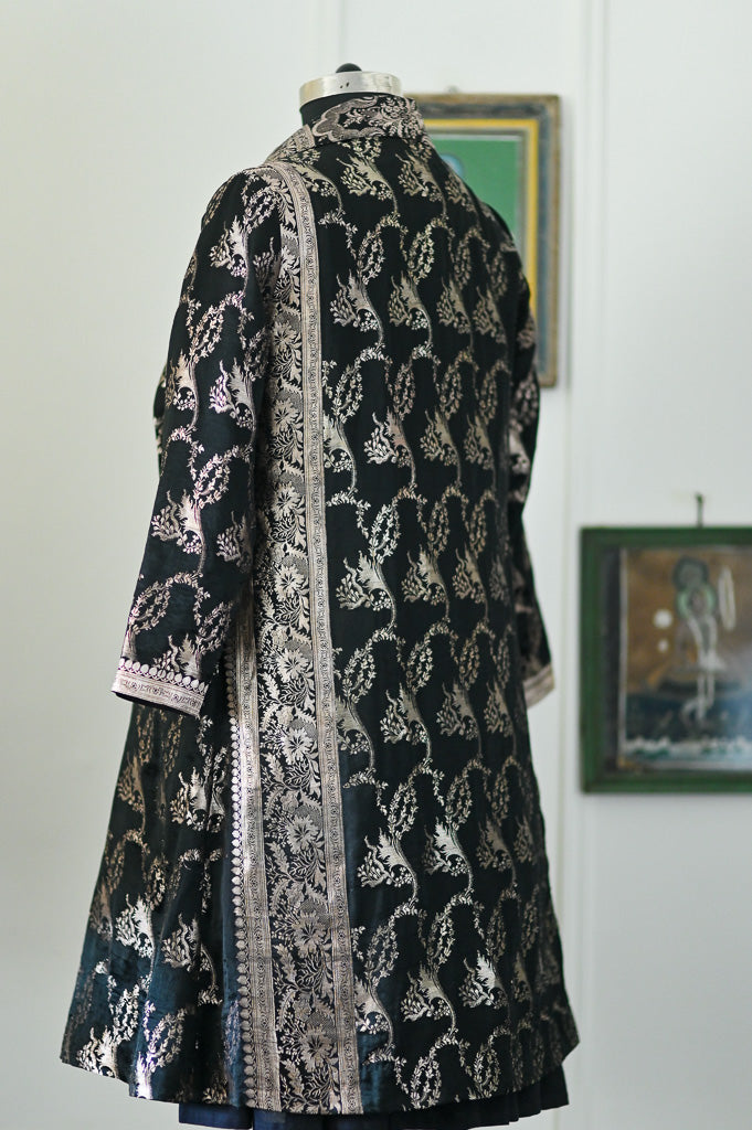 Jama 54, Long Robe Style Coat made with Vintage Zari Silk  Saree in Black and Silver, XL - kinchecom
