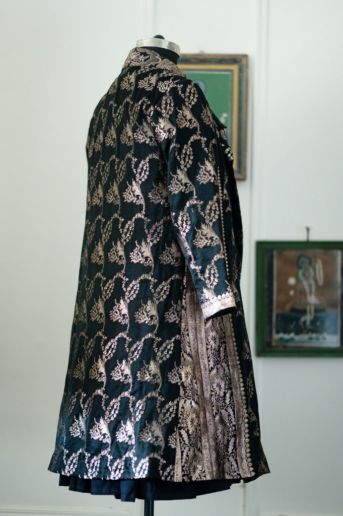 Jama 54, Long Robe Style Coat made with Vintage Zari Silk  Saree in Black and Silver, XL - kinchecom