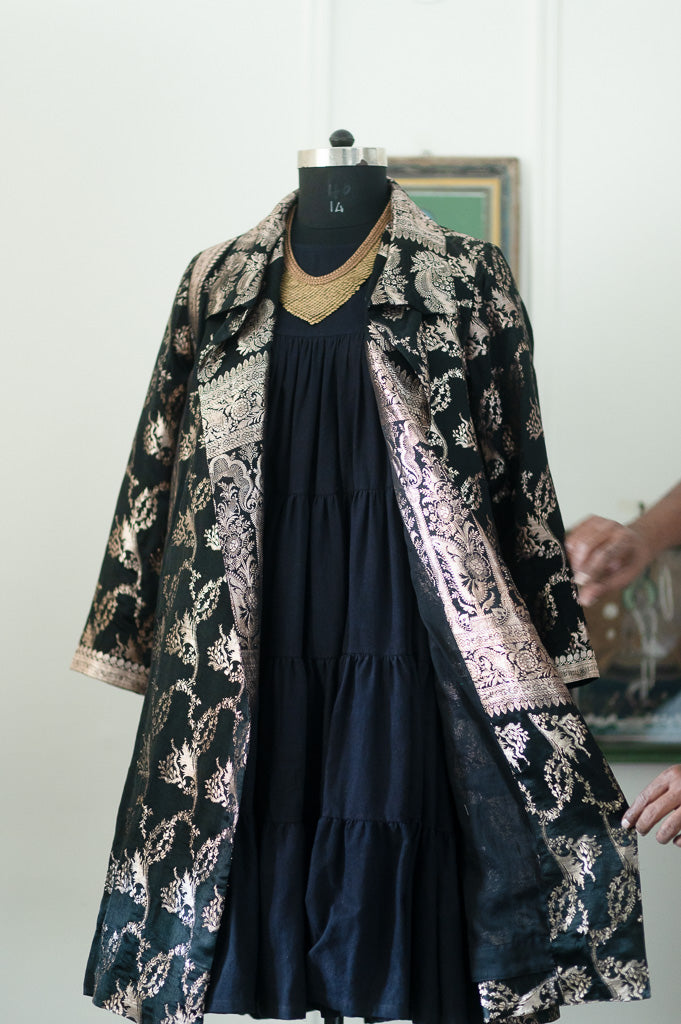 Jama 54, Long Robe Style Coat made with Vintage Zari Silk  Saree in Black and Silver, XL - kinchecom