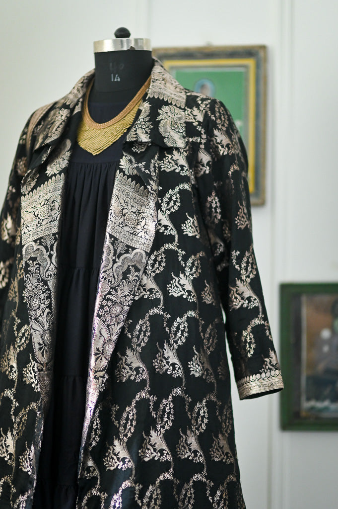 Jama 54, Long Robe Style Coat made with Vintage Zari Silk  Saree in Black and Silver, XL - kinchecom