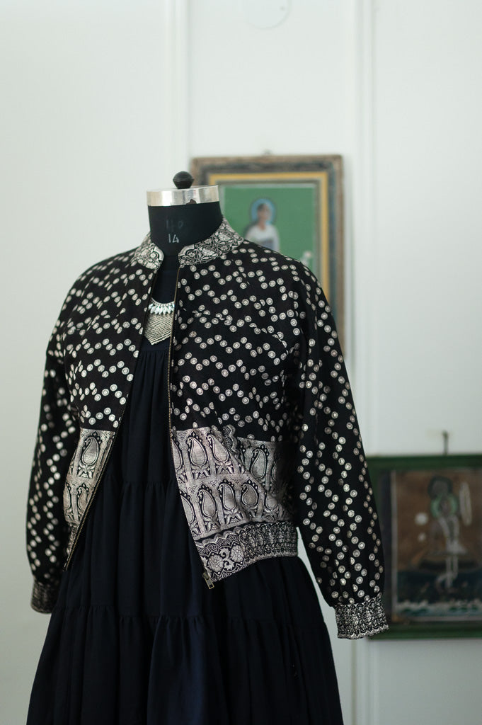 Katha, Vintage Zari Katan Silk Saree Bomber in deep Blaxk and Silver, XL