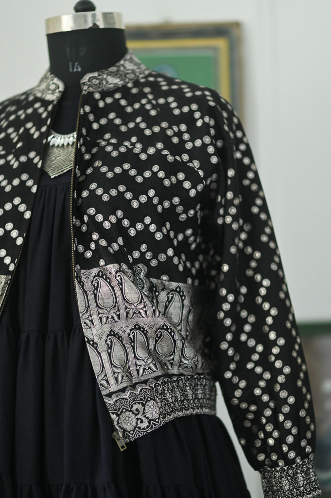 Katha, Vintage Zari Katan Silk Saree Bomber in deep Blaxk and Silver, XL