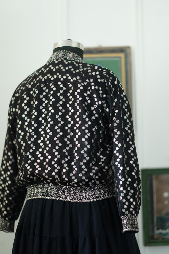 Katha, Vintage Zari Katan Silk Saree Bomber in deep Blaxk and Silver, XL