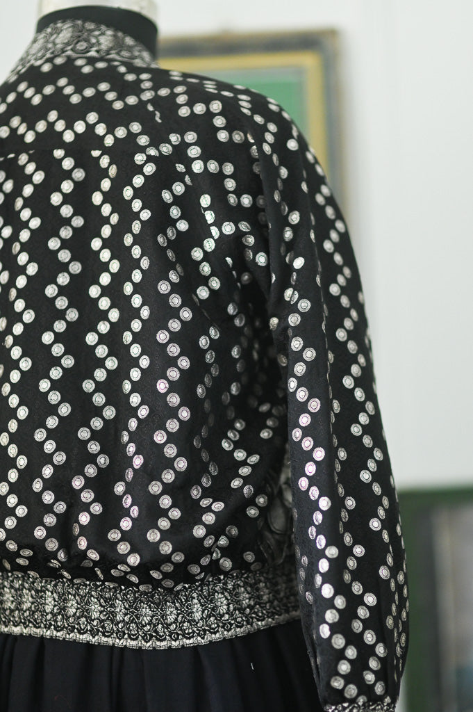 Katha, Vintage Zari Katan Silk Saree Bomber in deep Blaxk and Silver, XL
