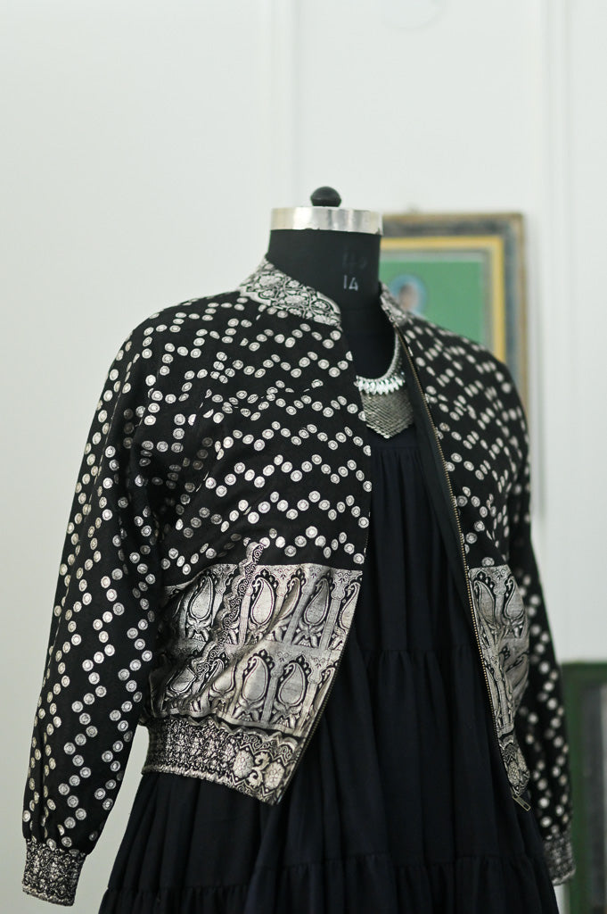 Katha, Vintage Zari Katan Silk Saree Bomber in deep Blaxk and Silver, XL
