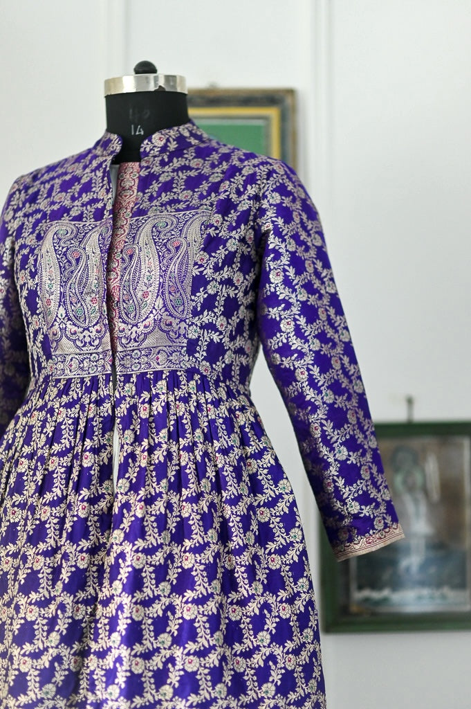 Nida, Silk Katan Vintage Zari Sari, Long jacket in Deep Purple, XL