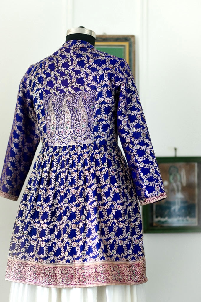 Nida, Silk Katan Vintage Zari Sari, Long jacket in Deep Purple, XL