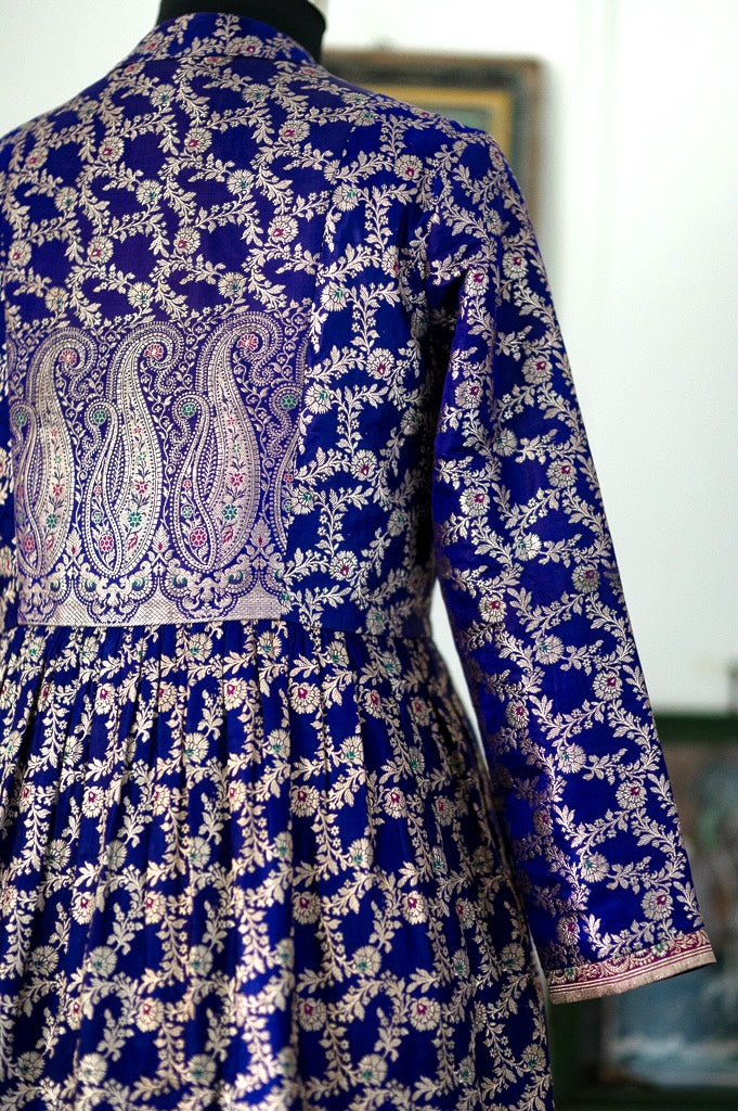Nida, Silk Katan Vintage Zari Sari, Long jacket in Deep Purple, XL