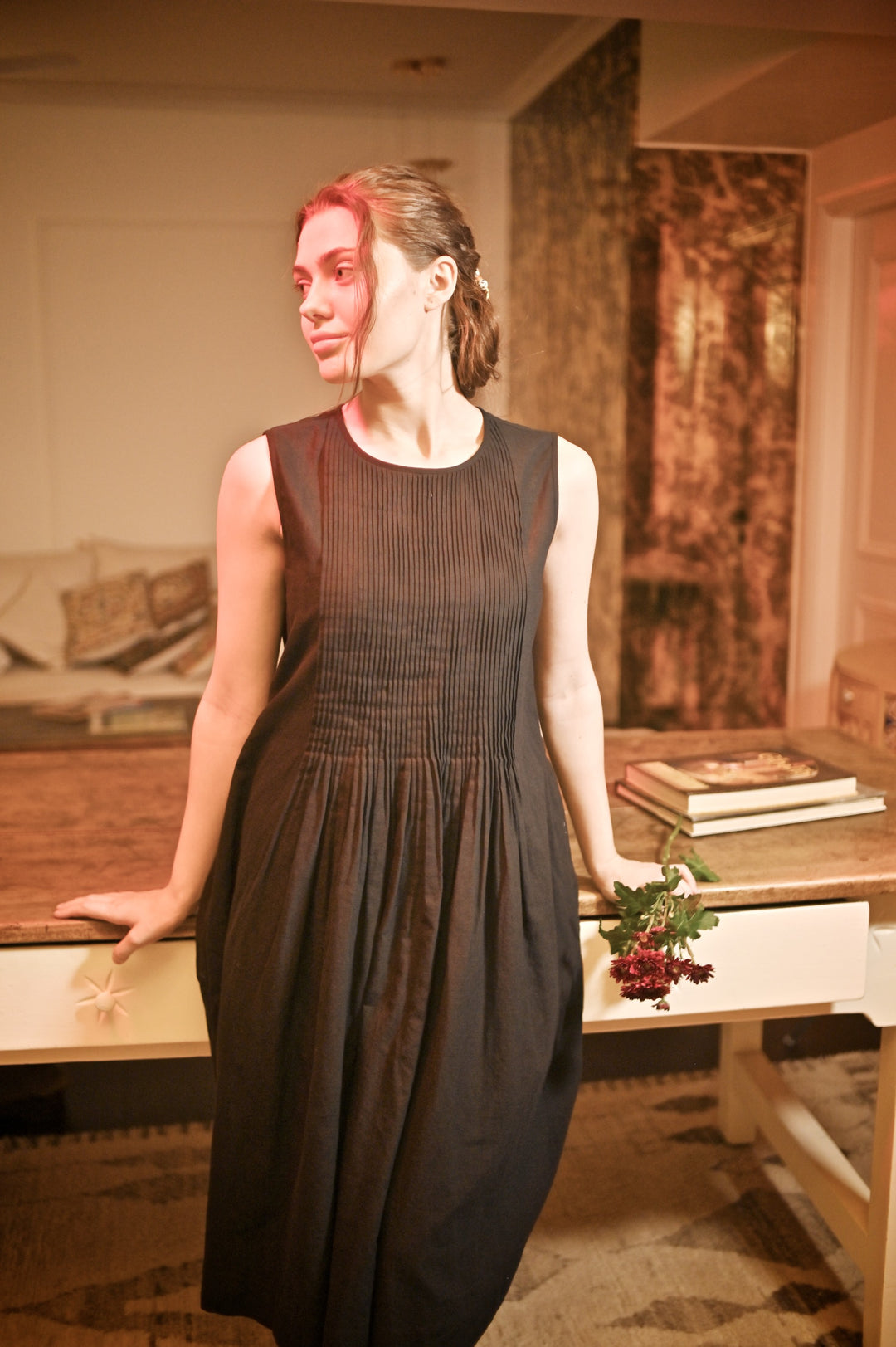 Corum Black, Pure Khadi Muslin Pintuck pleats dress - kinchecom