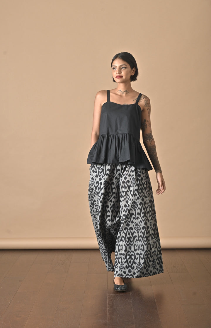 Khieve, Handmade Elastic  Waist, Ikat Weave Flared Pants in Black &amp; Grey - kinchecom