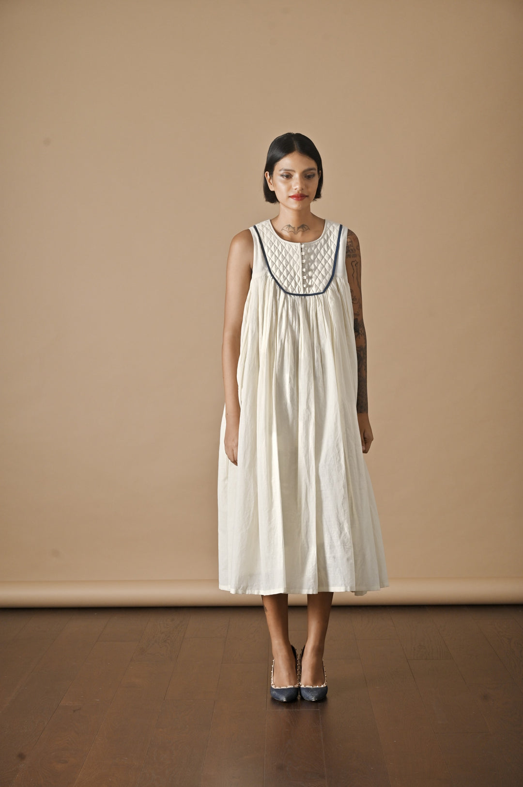 Tara, Khadi, Quilted Yolk Flared Dress with Contrast Piping - kinchecom