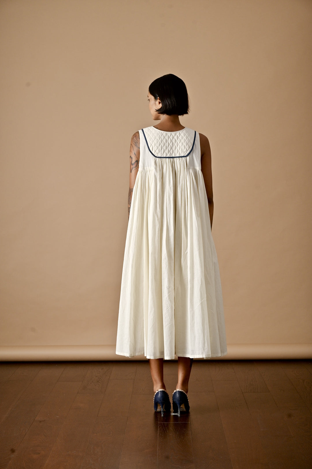 Tara, Khadi, Quilted Yolk Flared Dress with Contrast Piping - kinchecom