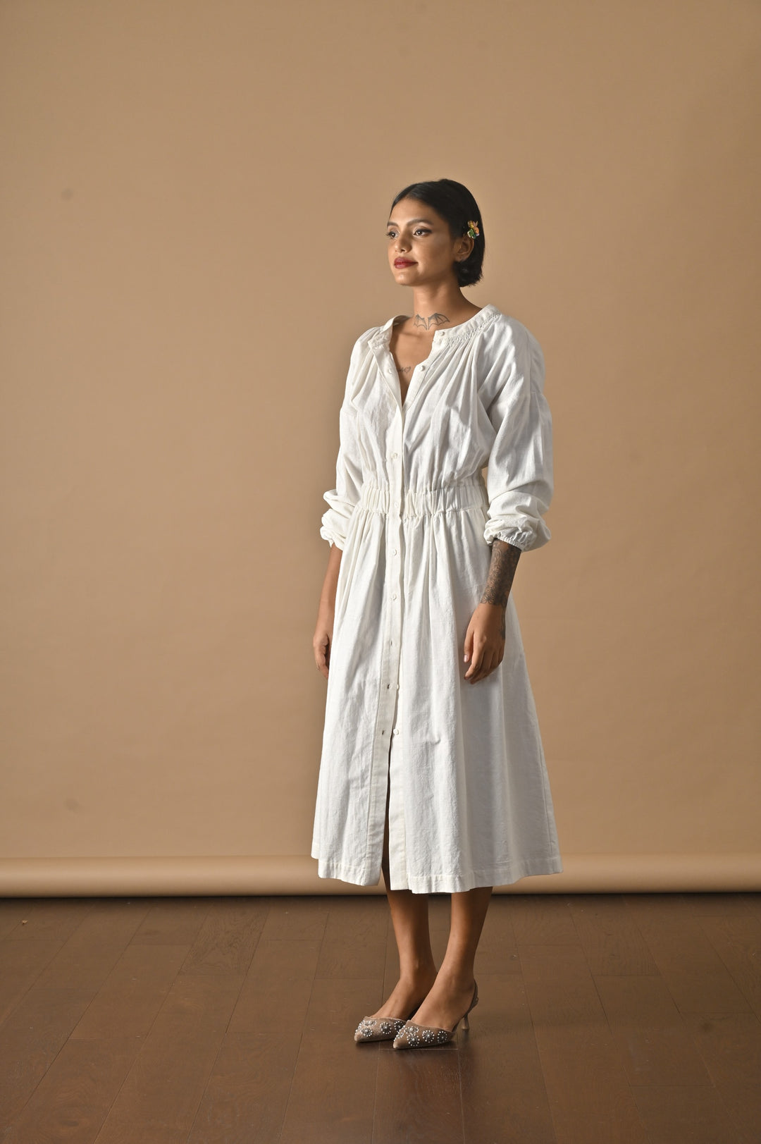 Tulip, Smocked Neckline Flared  Dress, Made with Khadi Fabric - kinchecom