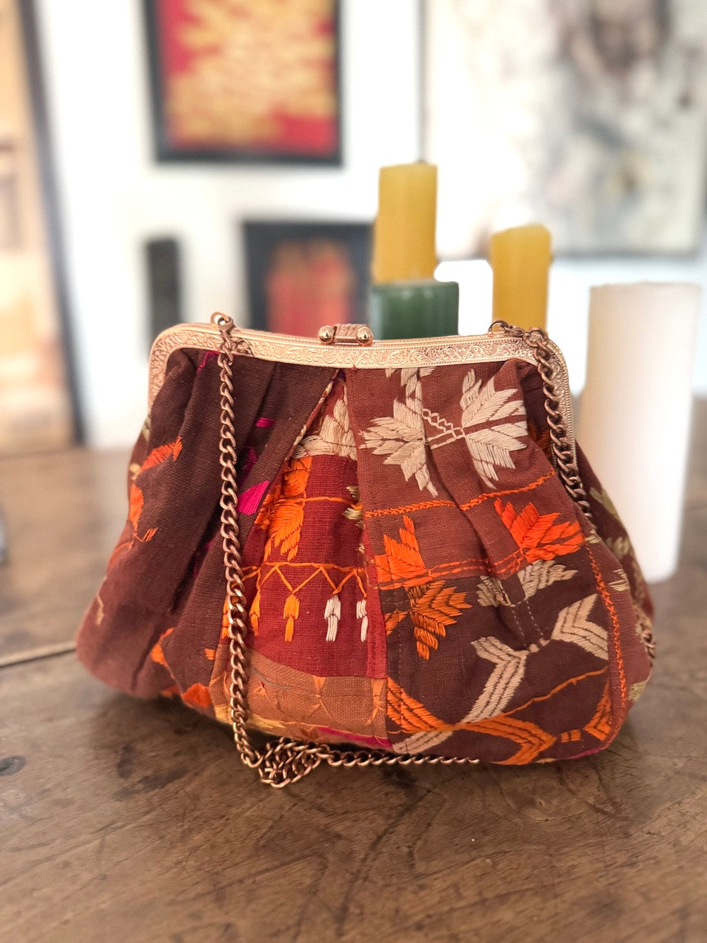 Sehar, Handmade Vintage Phulkari Clasp Handbag, One of a Kind, Medium - kinchecom