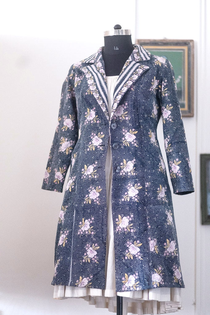 Celeste, Handmade Vintage Kantha Long Blazer in XL - kinchecom