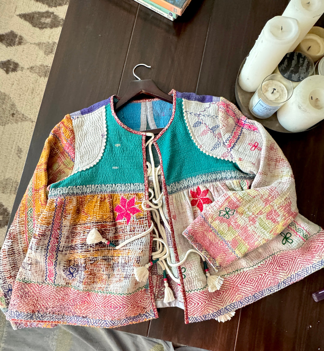 XL,Milan, Vintage Kantha, Flared Boho Jacket with Vintage Embroidery kinche Rare - kinchecom