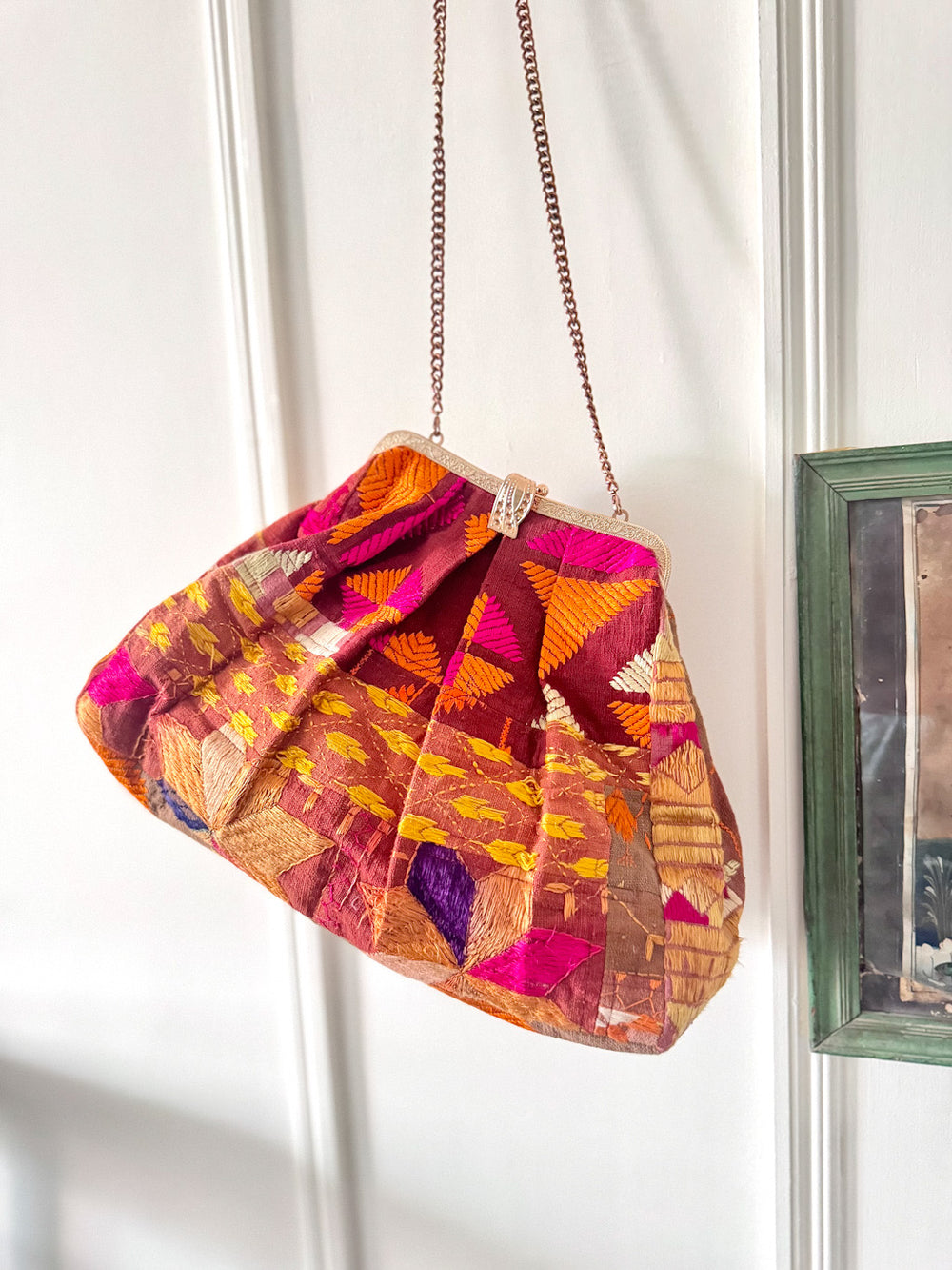 Gaatha, Handmade Vintage Phulkari Clasp Handbag, One of a Kind, Large - kinchecom