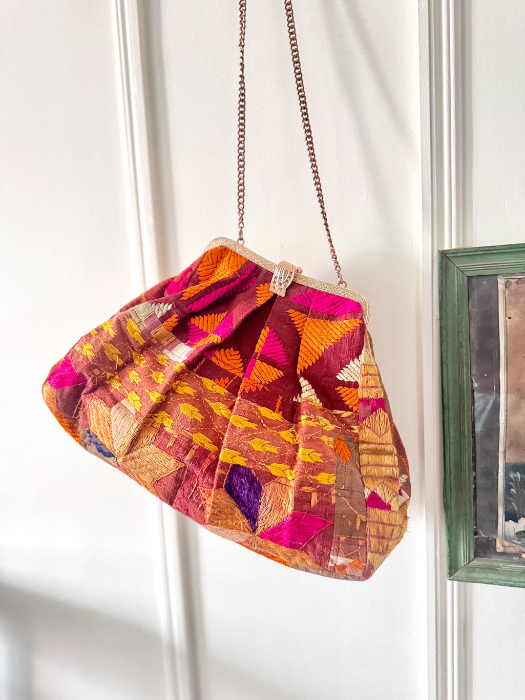 Gaatha, Handmade Vintage Phulkari Clasp Handbag, One of a Kind, Large - kinchecom