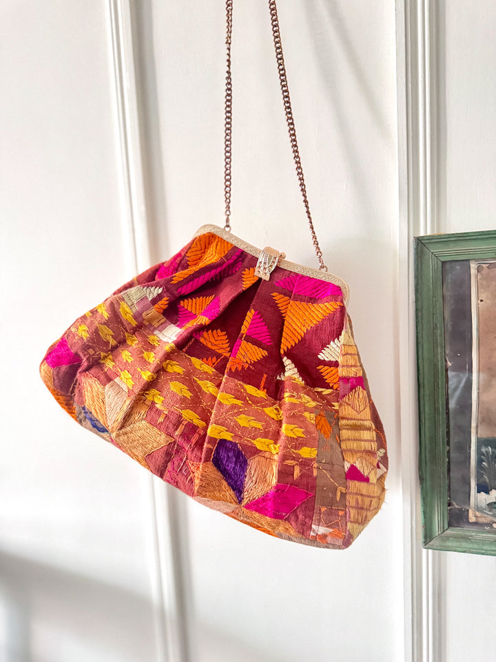 Gaatha, Handmade Vintage Phulkari Clasp Handbag, One of a Kind, Large - kinchecom