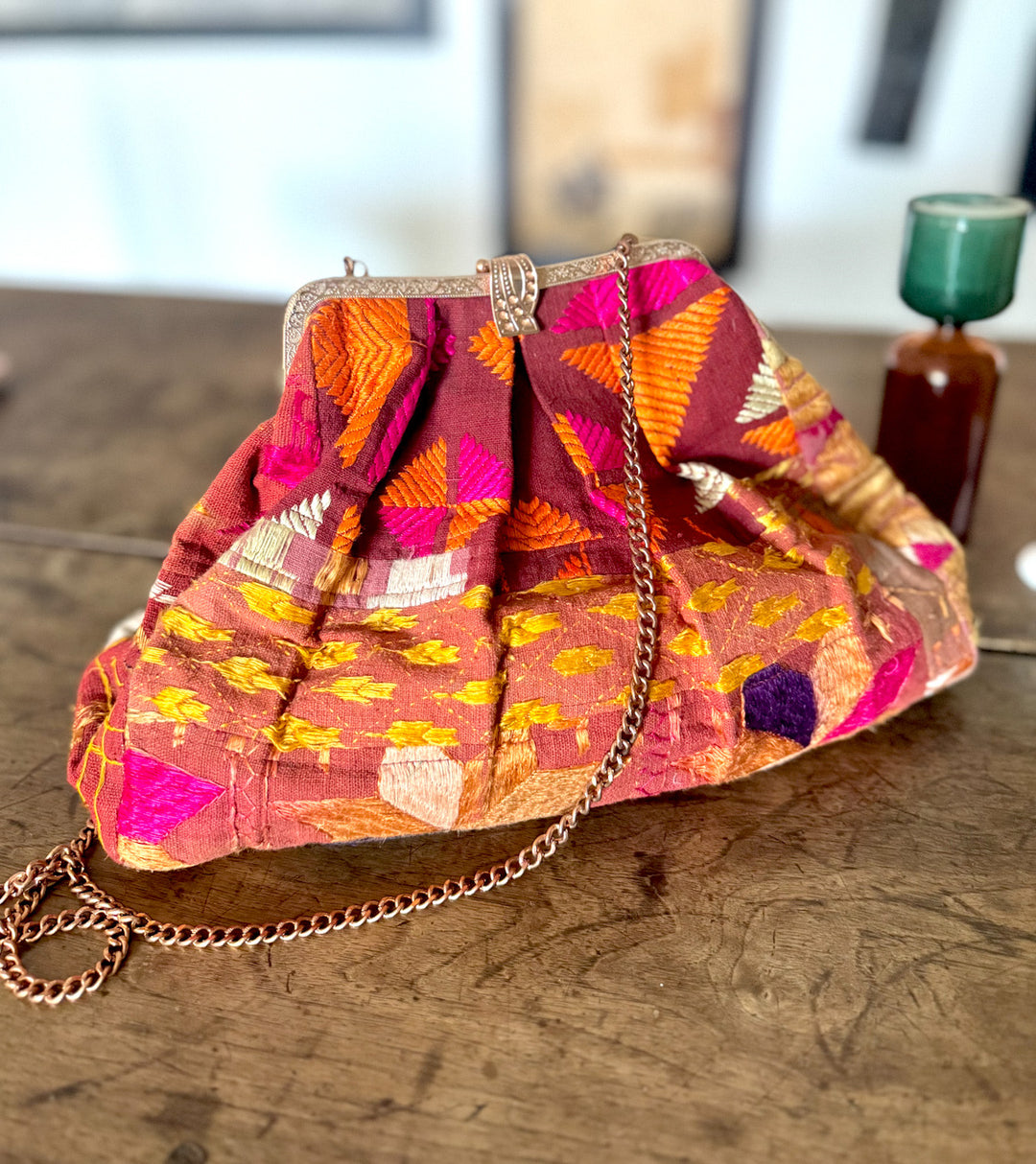 Gaatha, Handmade Vintage Phulkari Clasp Handbag, One of a Kind, Large - kinchecom