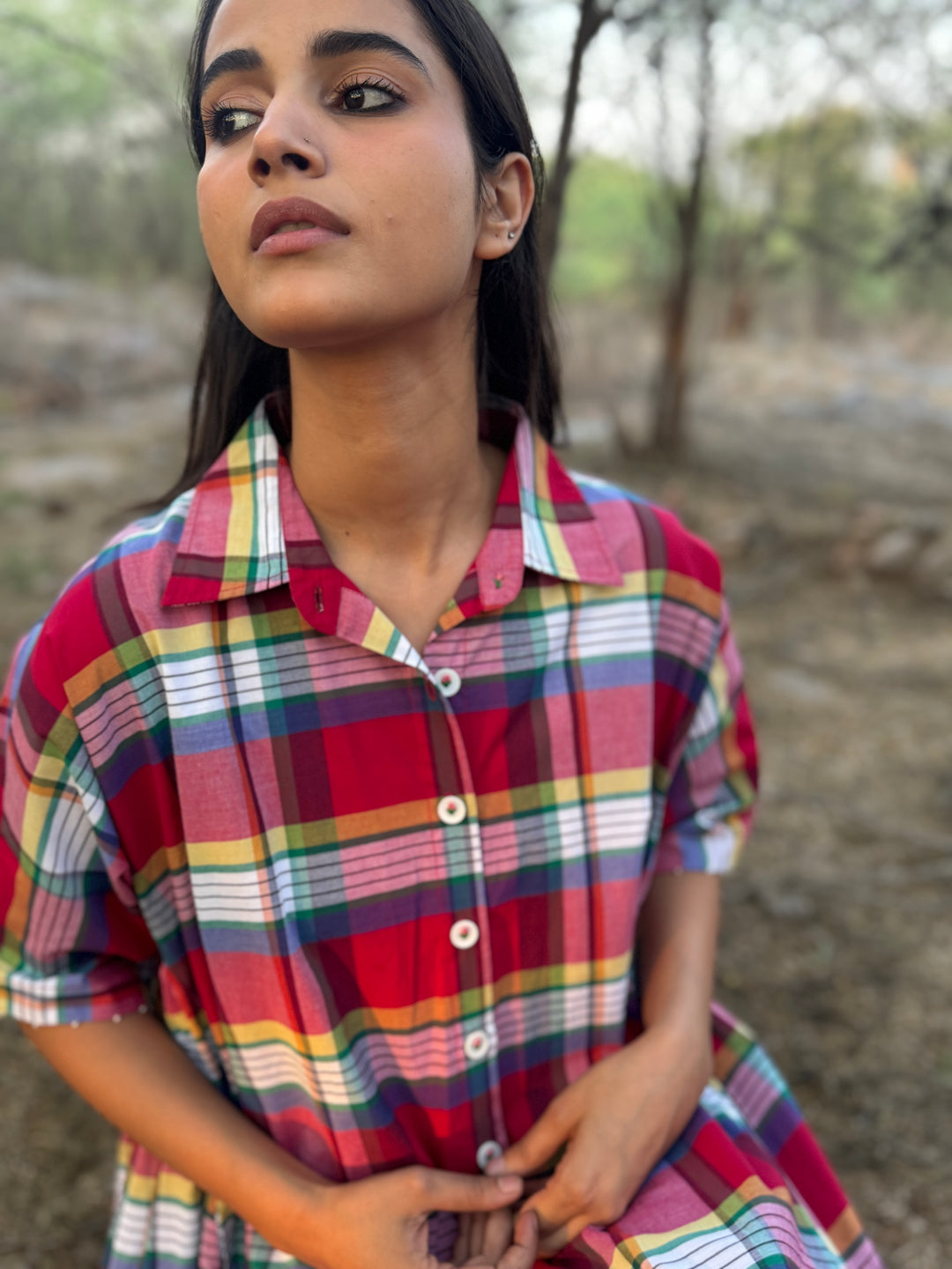 Mach, Madras Check Poplin Dress with Hand Embroidery - kinchecom